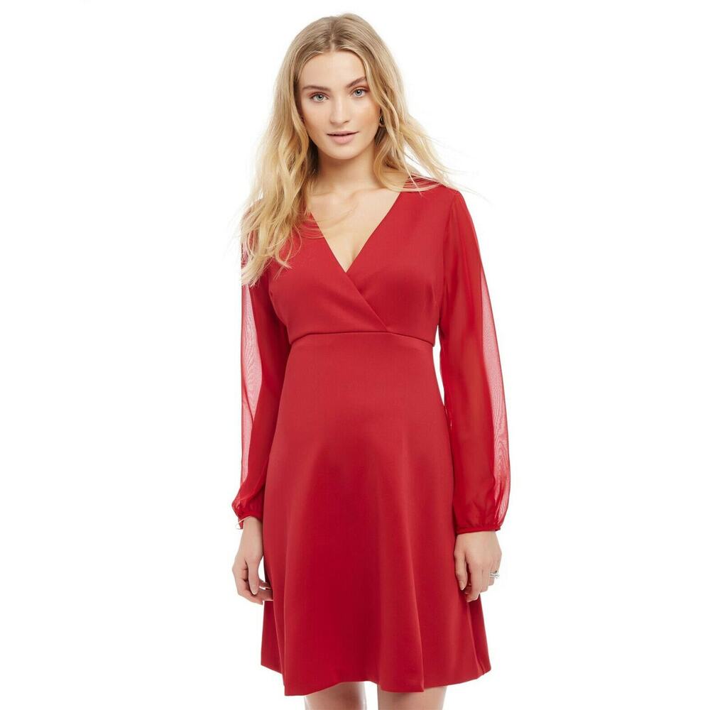 Motherhood Womens Dress Size Medium Red Sheer Sleeve Taylor Maternity NEW